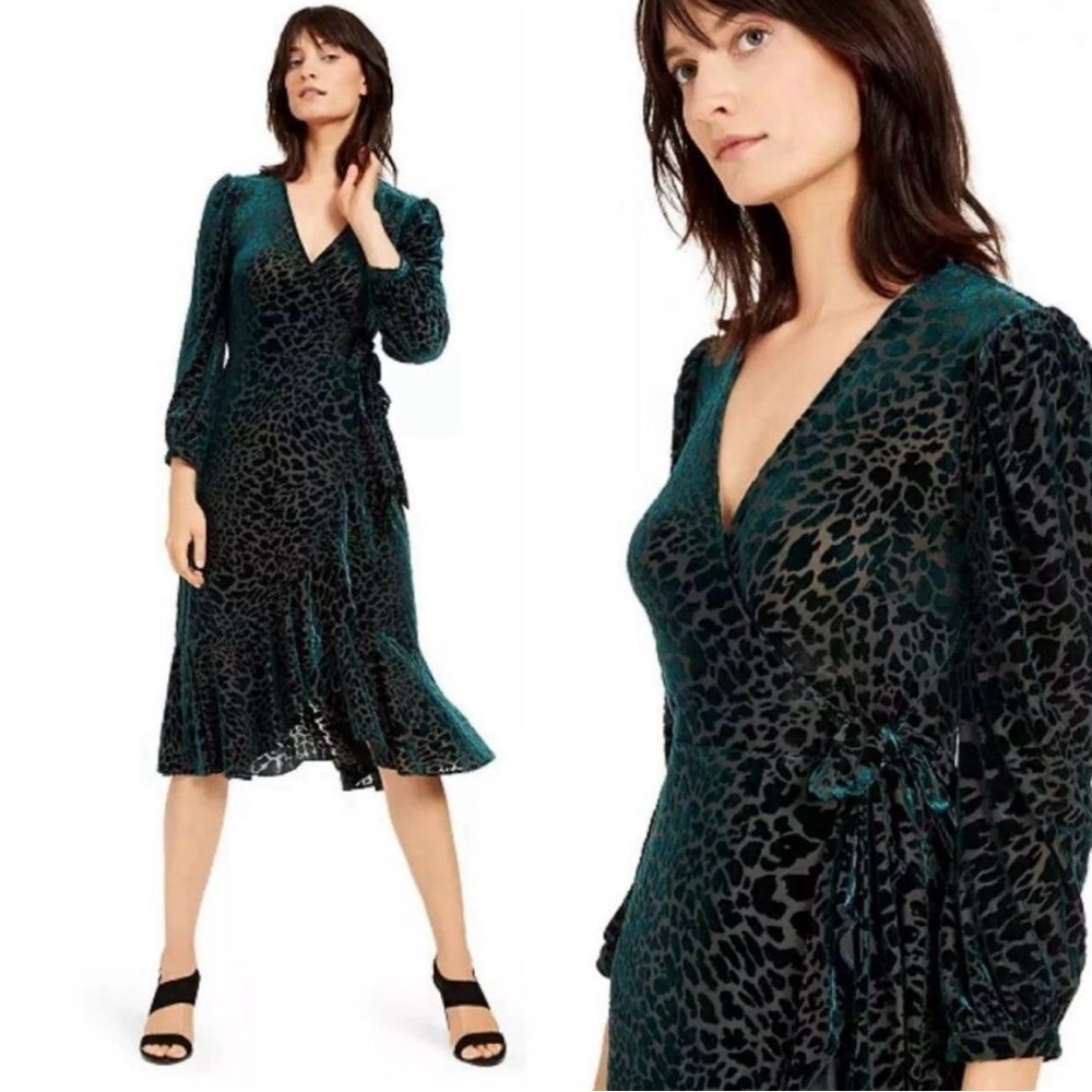 Elegant Teal And Leopard Print Wrap Dress